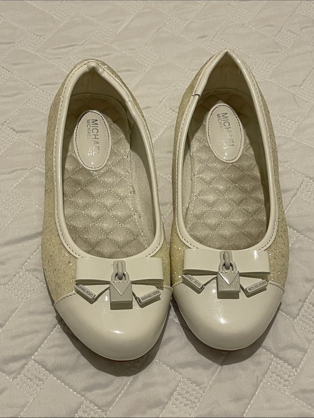 Michael Kors Cream Glitter Quilted Ballet Flats with Bow Detail